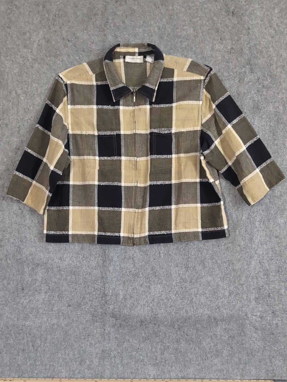 Lemon Grass Plaid Cotton Utility Jacket in Black & Brown XL